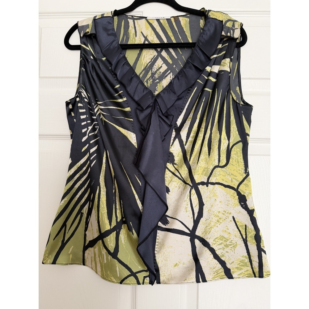 Tahari Sleeveless Ruffle Blouse Medium Tropical Palm Print Green Blue Poly